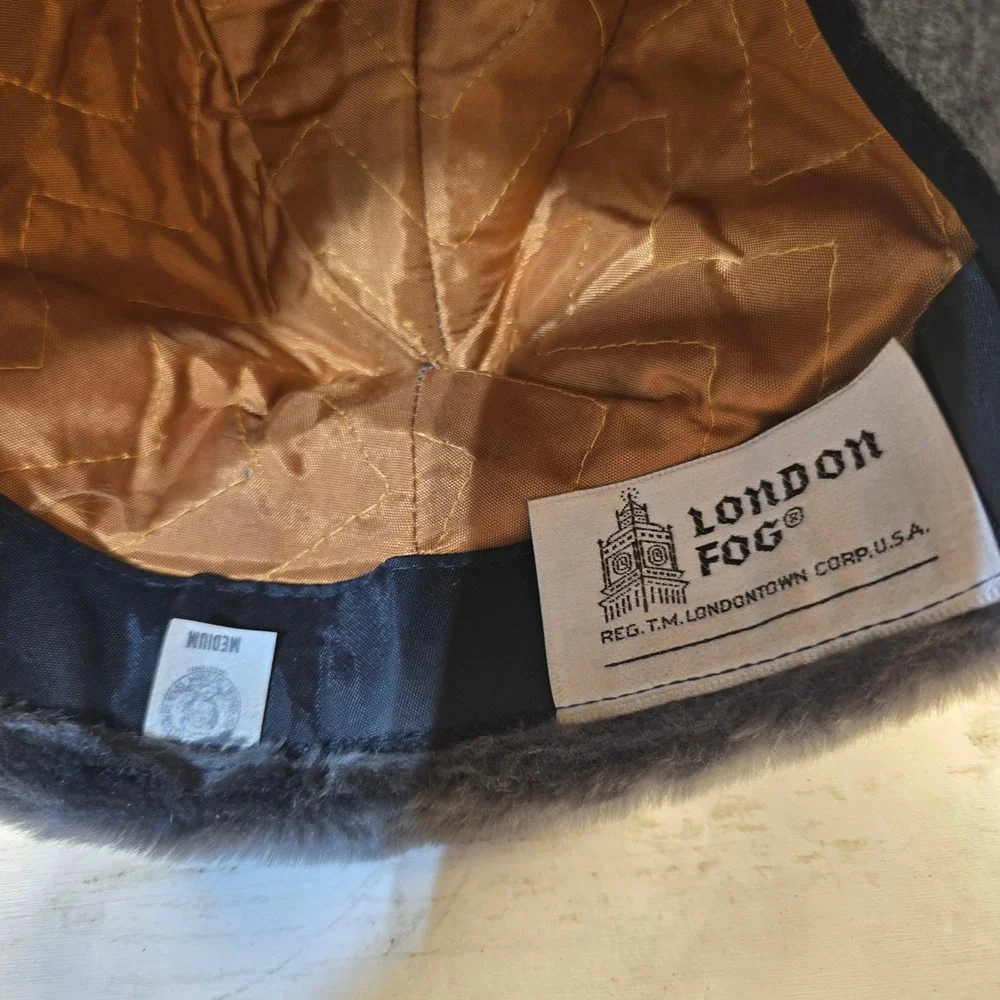 Vintage London Fog Faux Fur Pillbox Hat Mens Medium Gray Black Cossack Winter